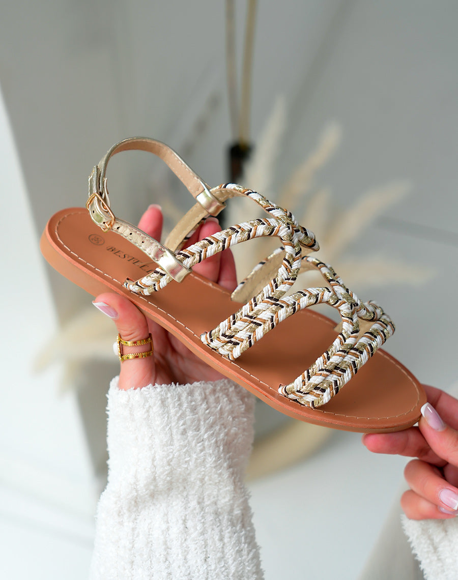Sandales Femme dorée à détail corde beige et blanc