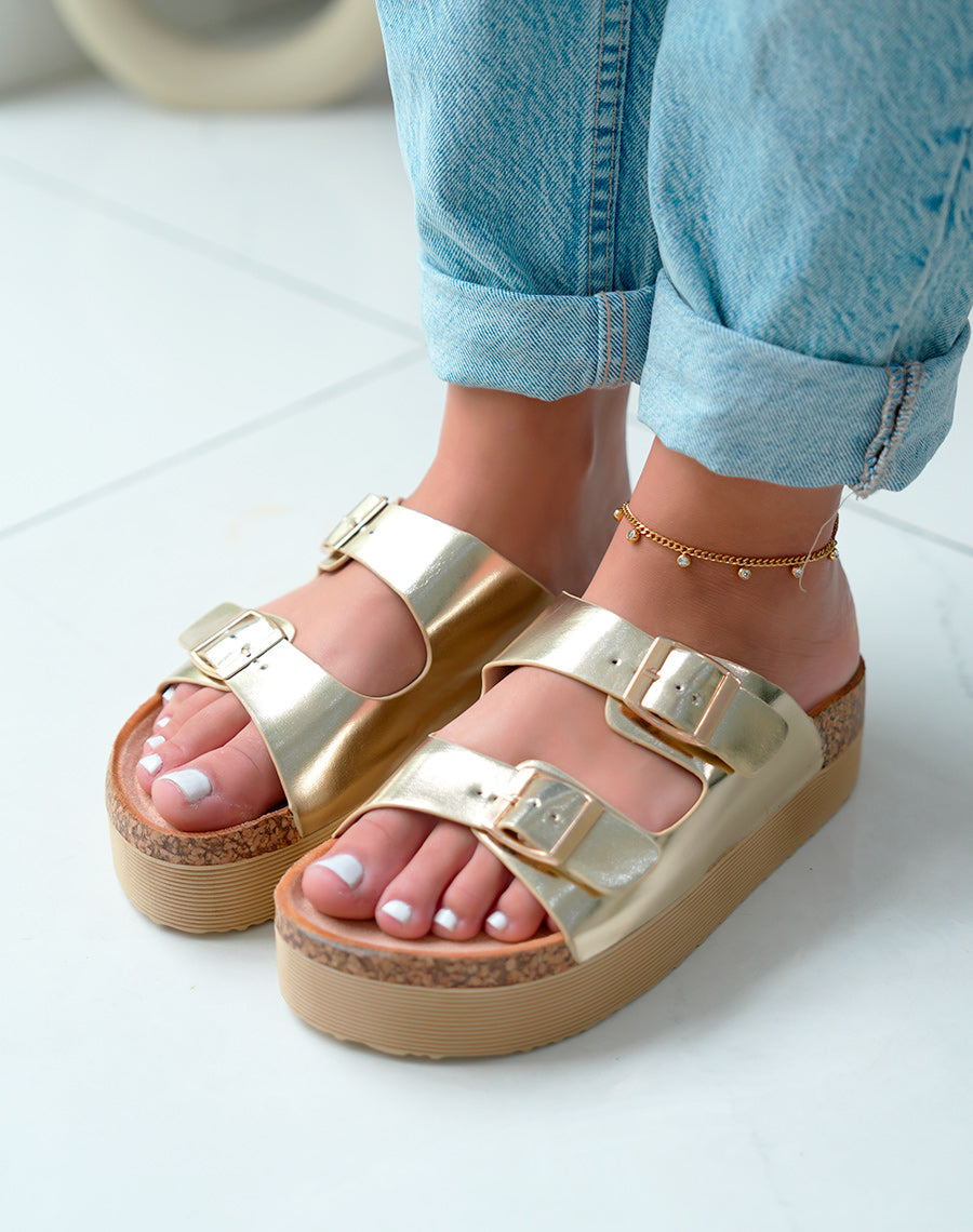 Sandales femme dorées à double sangle ajustable avec plateforme épaisse