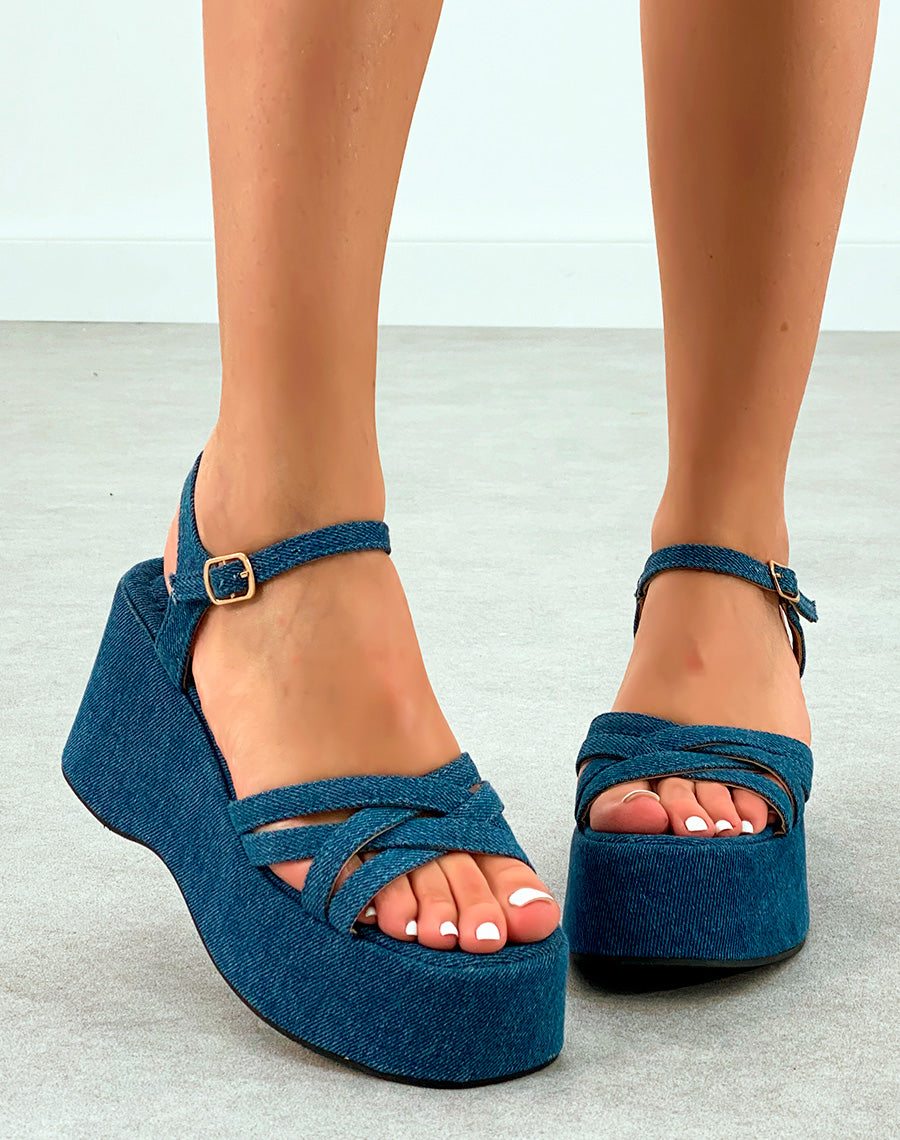 Sandales Femme Style Denim à Brides Entrecroisées et Semelle Plateforme