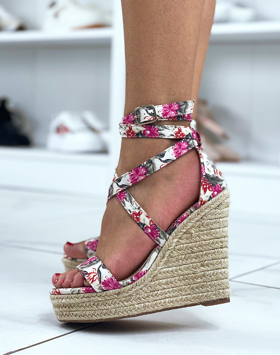 Sandales à imprimé fleuris à talons compensés avec bride avant