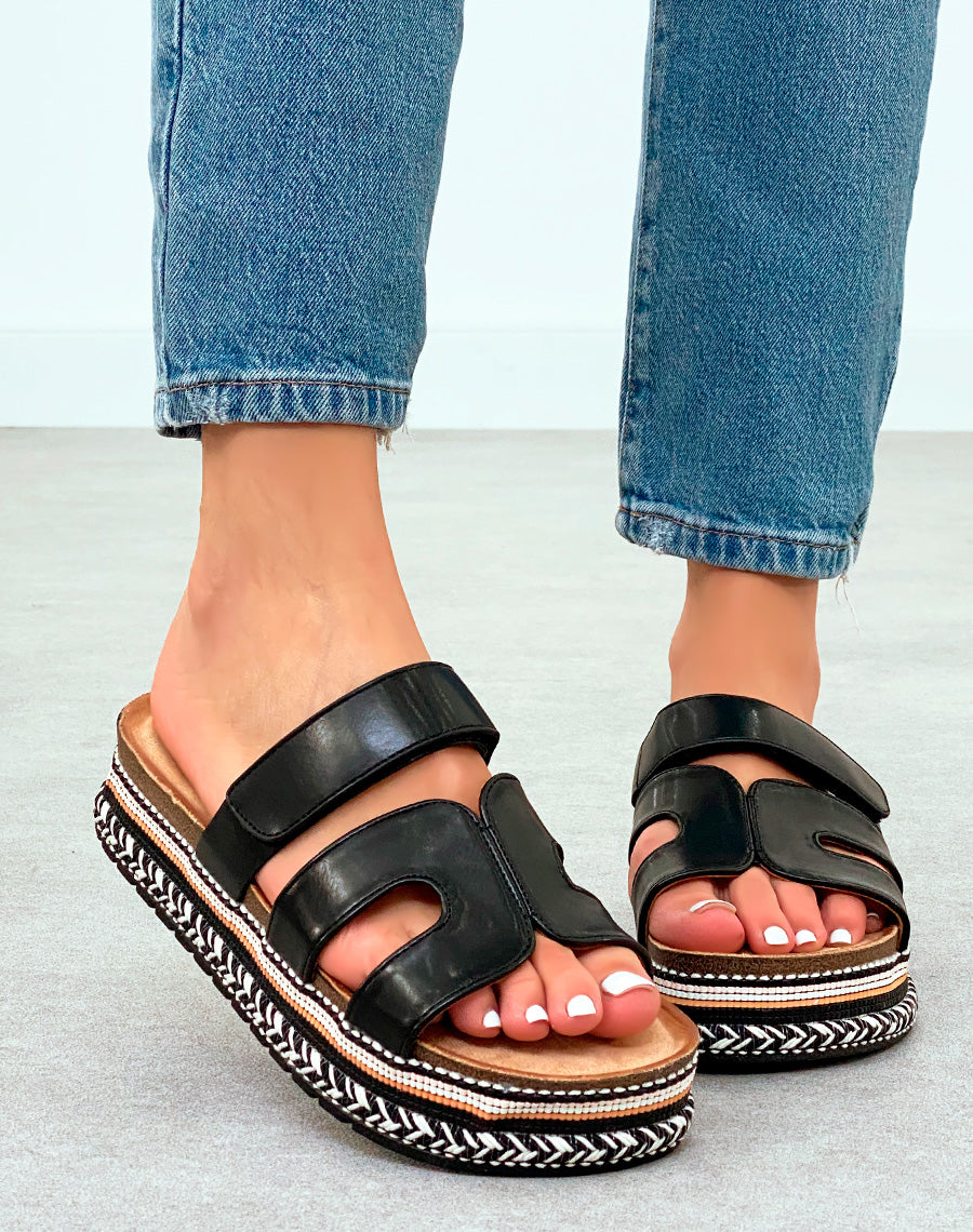 Sandales Mules Noires à Plateforme avec Motif Aztèque – Confort Ethnique Chic