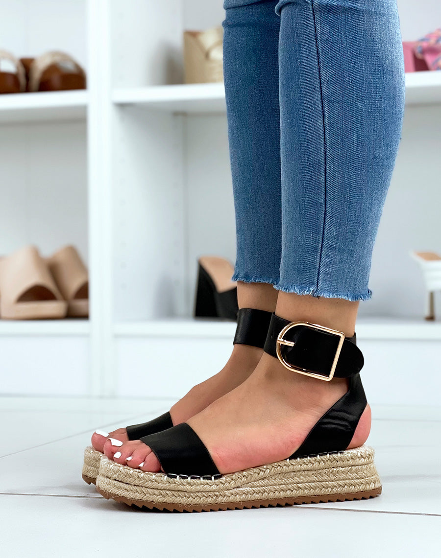 Sandales noires à brides épaisses et semelle en toile de jute