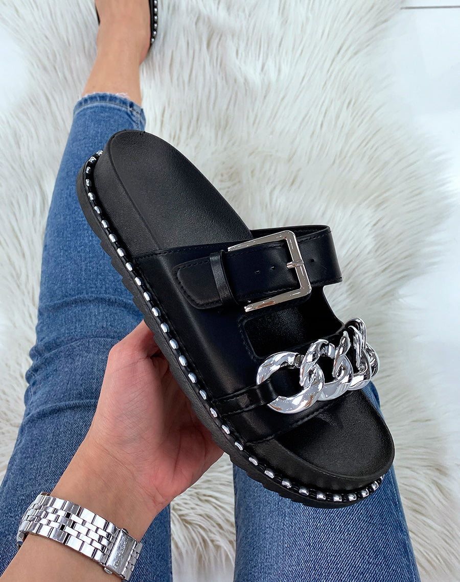 Sandales noires à doubles brides et chaîne argentée
