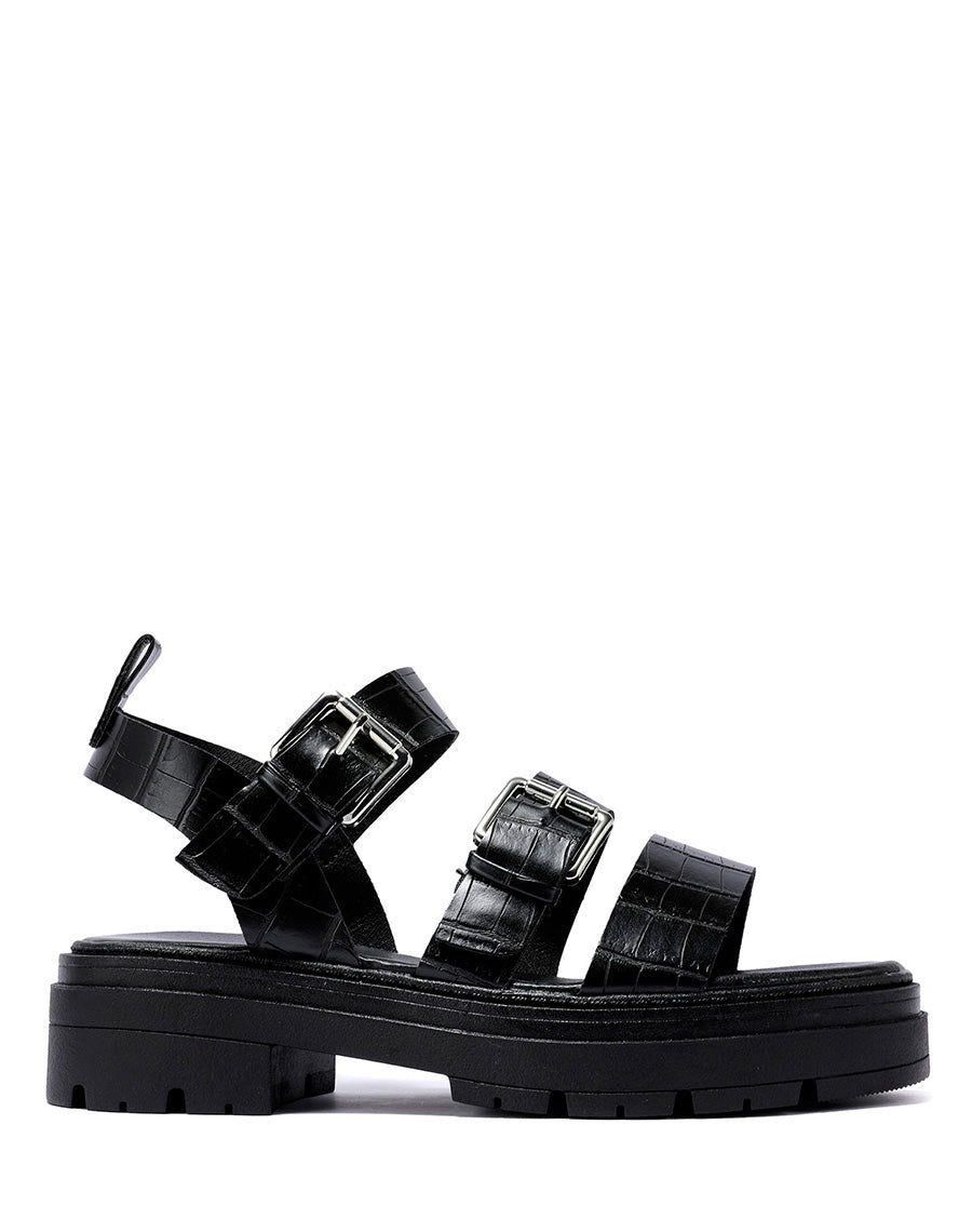 Sandales noires effet croco à multiples brides épaisses et semelle crantée