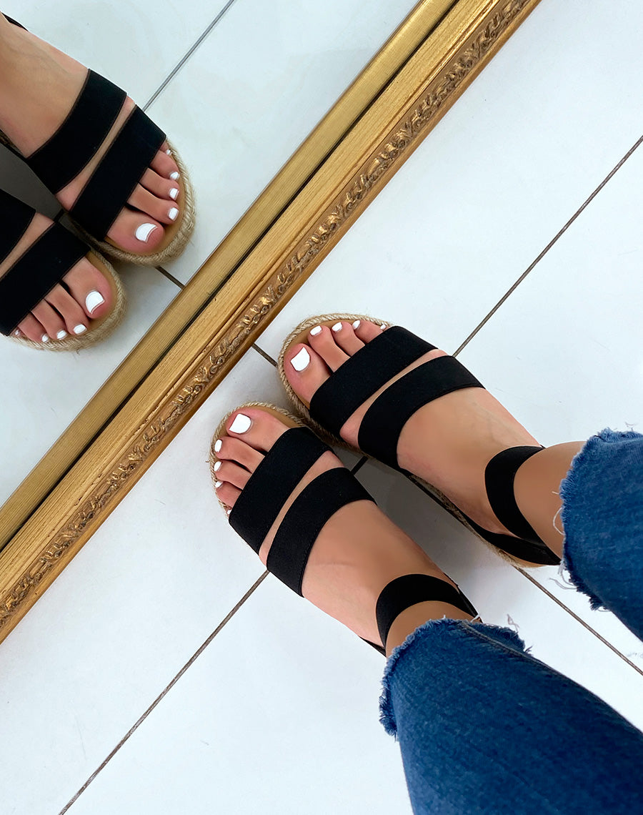 Sandales noires à multiples brides et semelle en jute