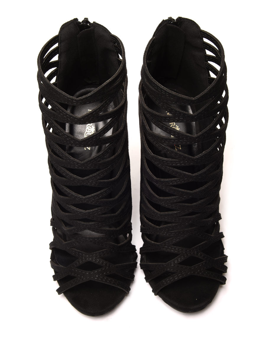 Sandales noires à talons & multiples lanières croisées
