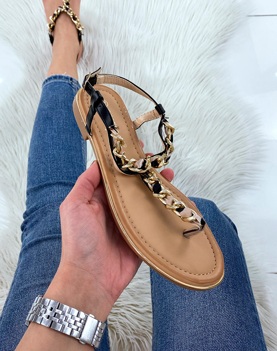 Sandales noires à tissus léopard et chaine dorée