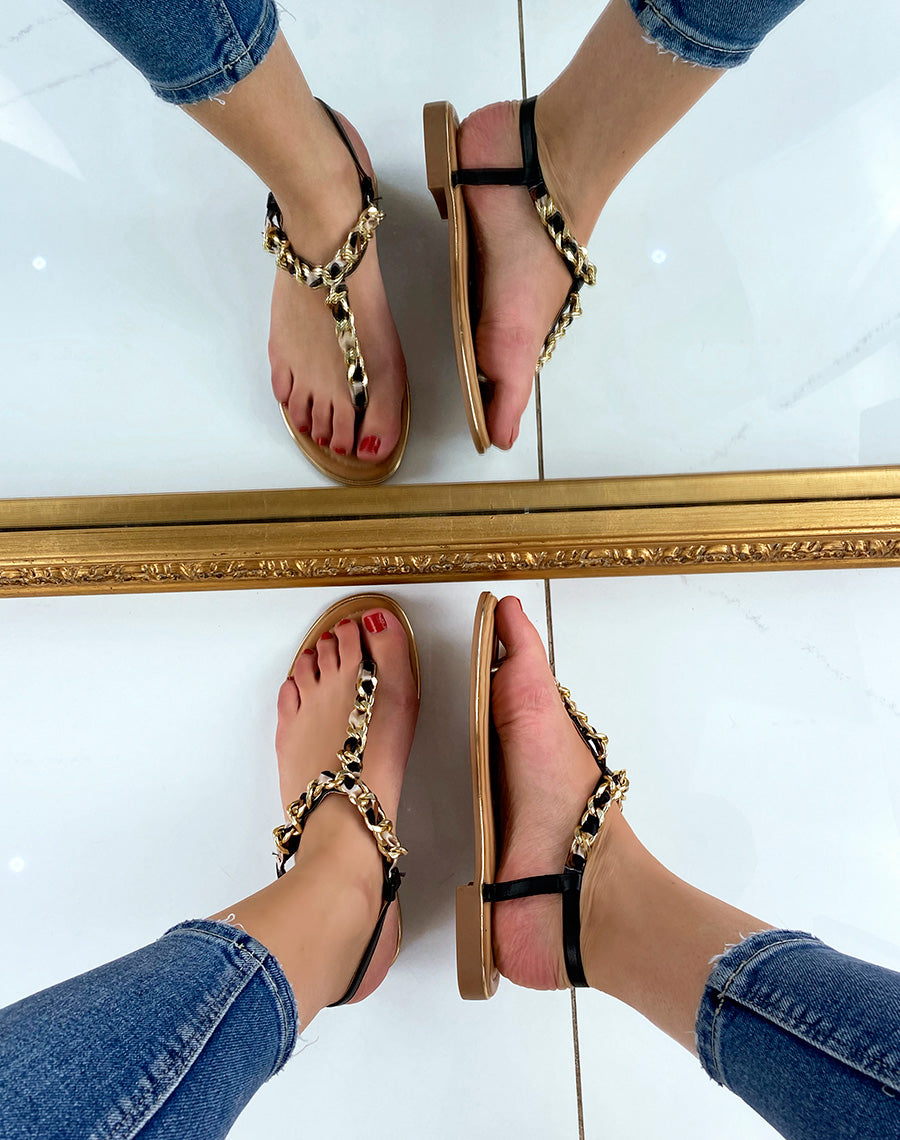 Sandales noires à tissus léopard et chaine dorée