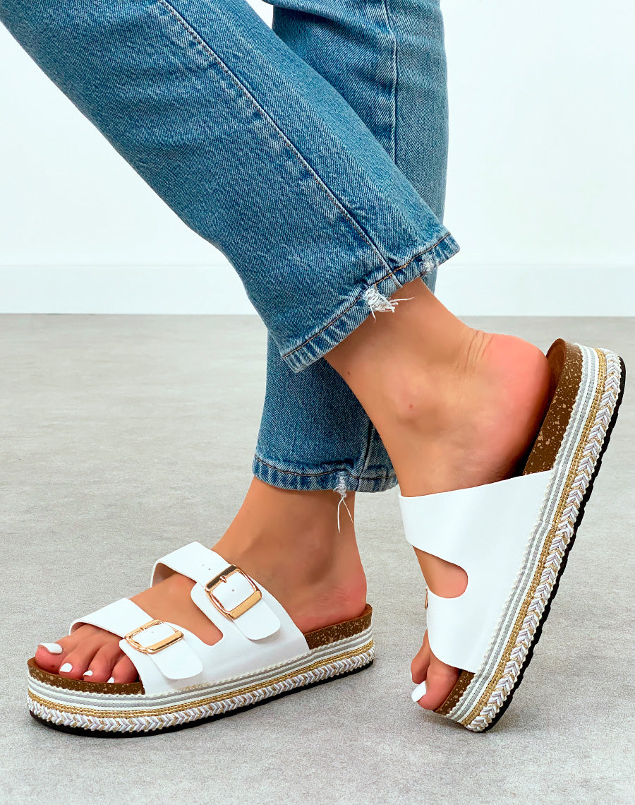 Sandales Plateforme Femme Blanches Tendance à Double Sangle Dorée