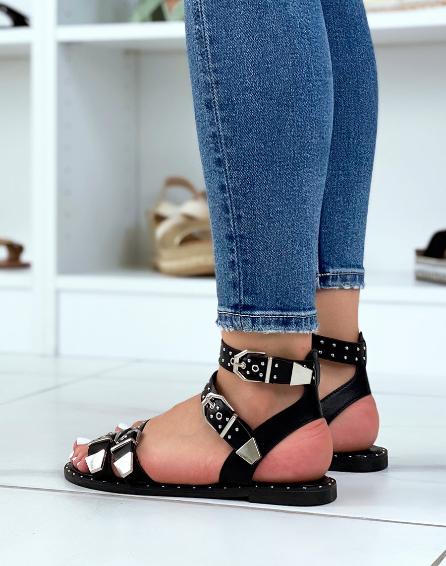 Sandales plates effet simili-cuir noires à boucles