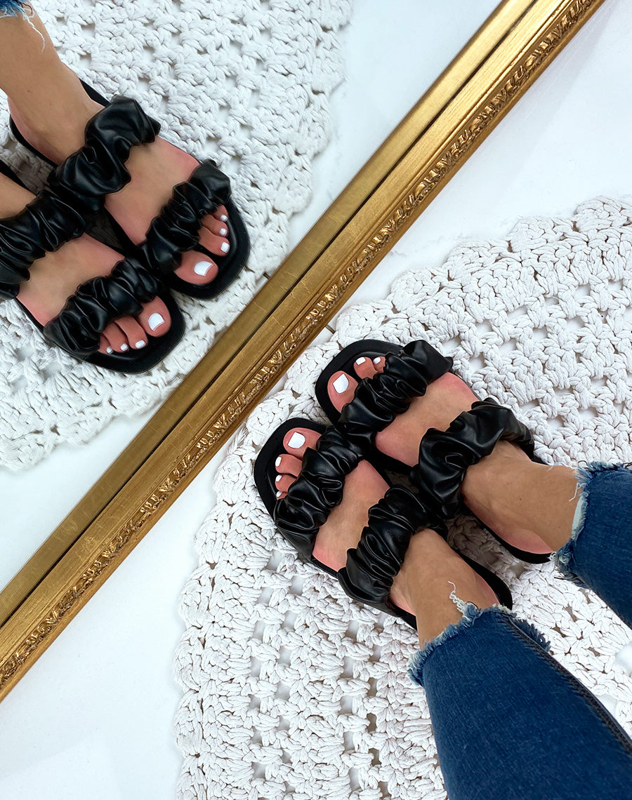 Sandales plates en simili cuir noires
