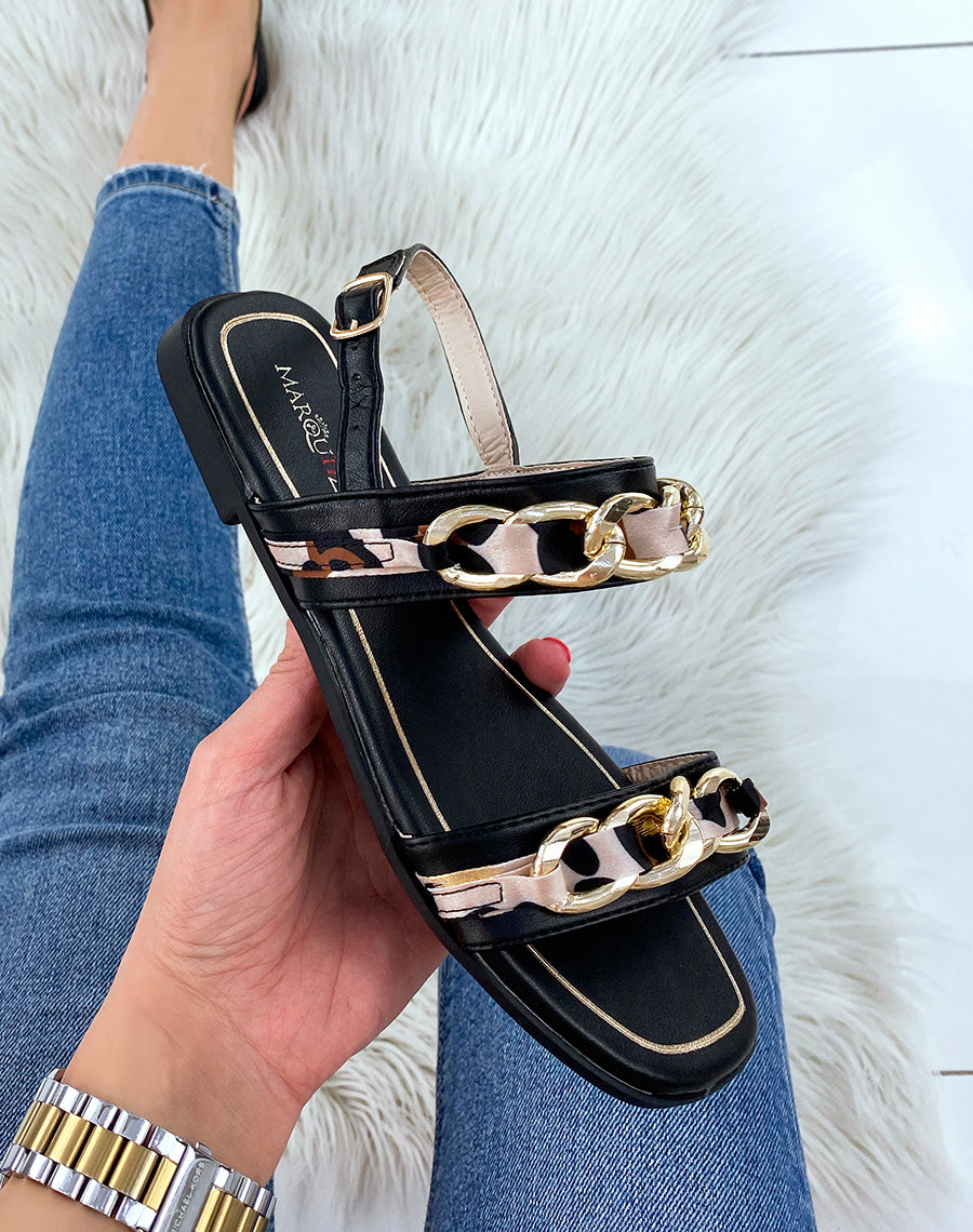 Sandales plates noires à détails dorées et léopard