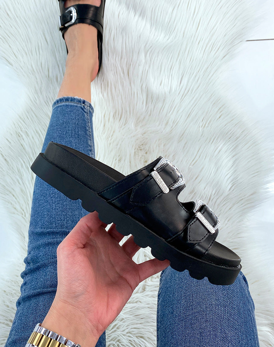 Sandales plates noires à lanières épaisses ajustables