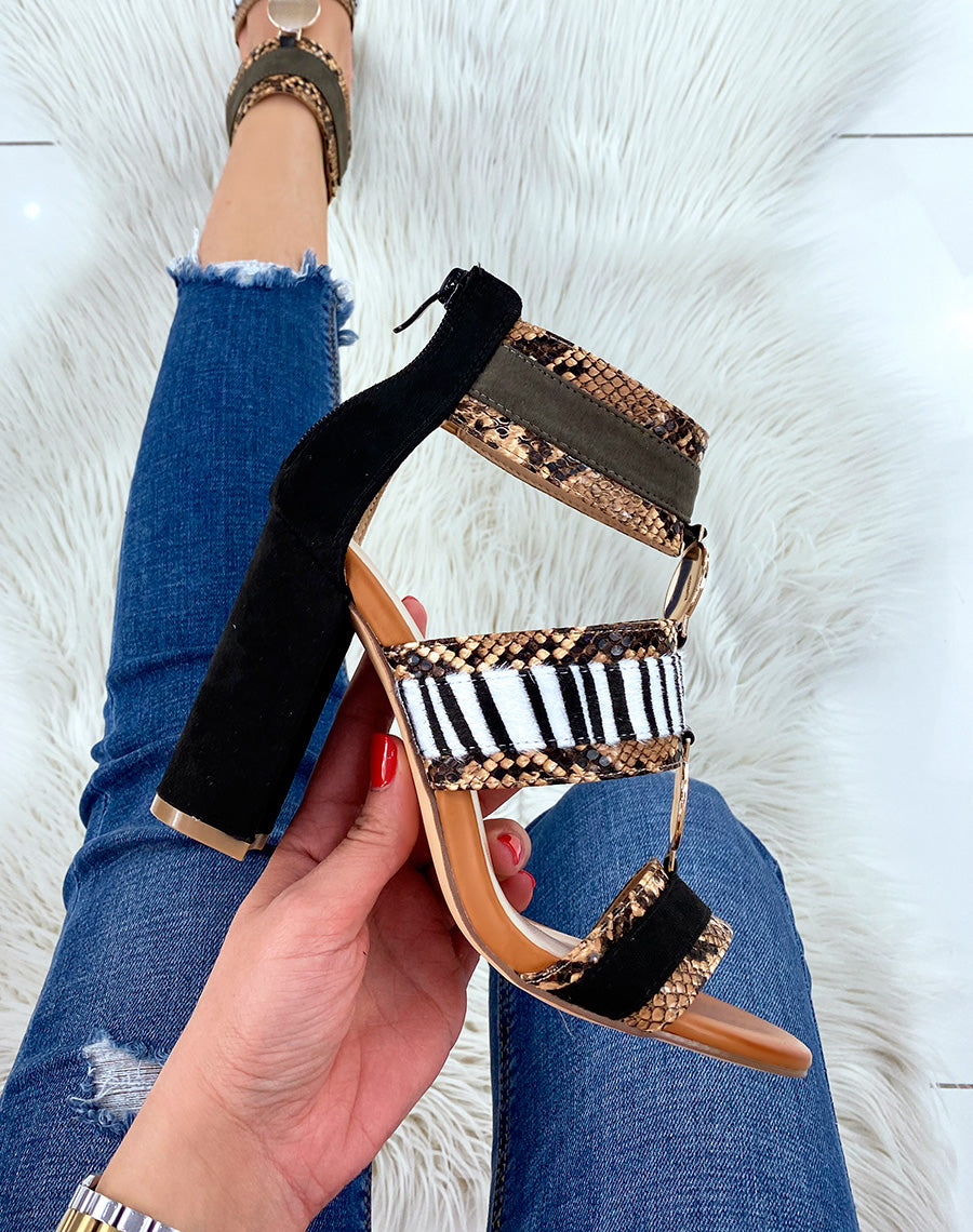 Sandales à talon camel à multiples motifs animaliers