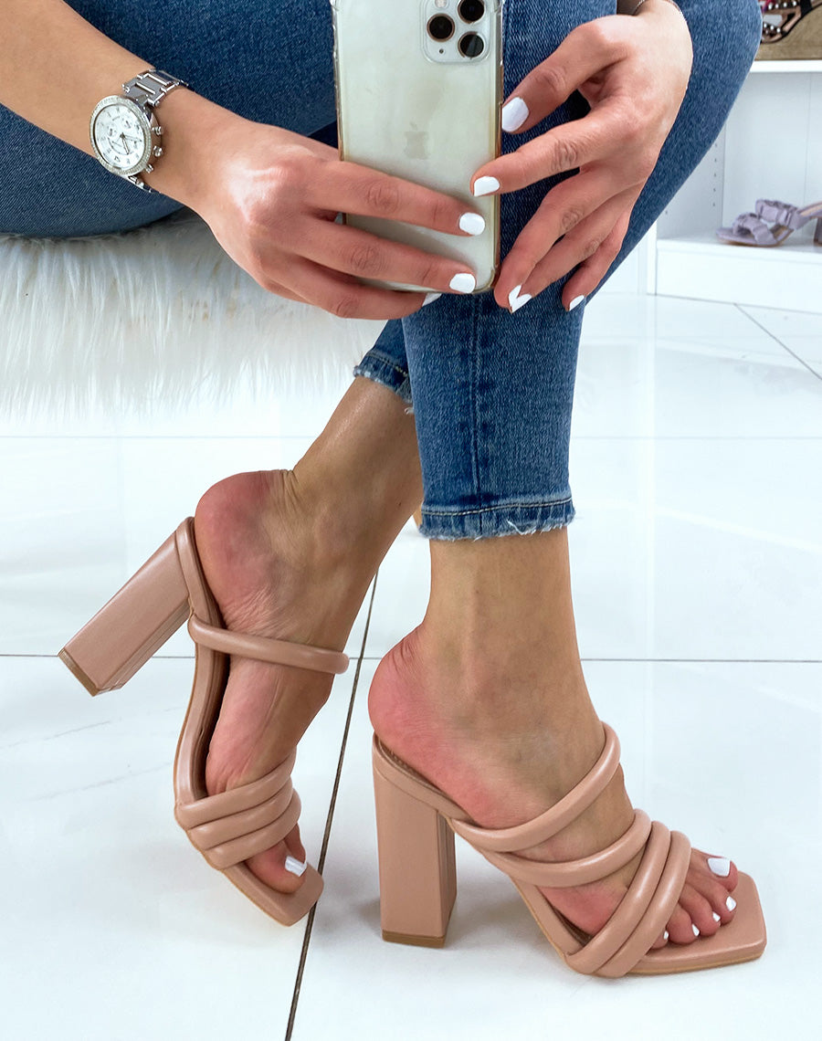 Sandales à talon et à bride beige poudré en similicuir