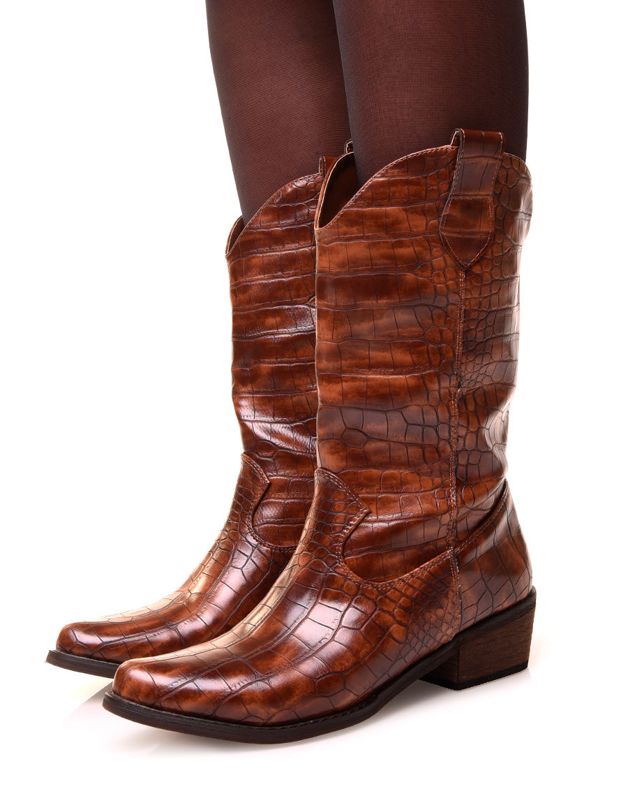 Santiags hautes camel effet croco