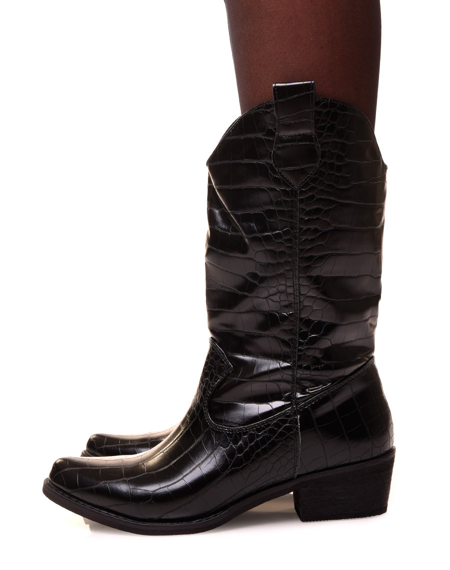 Santiags hautes noires effet croco