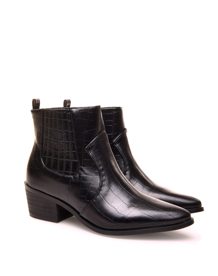 Santiags noires effet croco à talon mi-haut