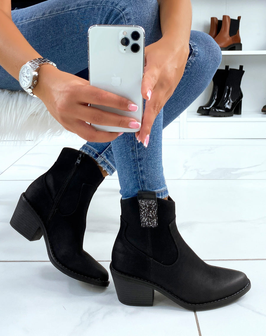 Santiags noires à talon et détail à paillettes