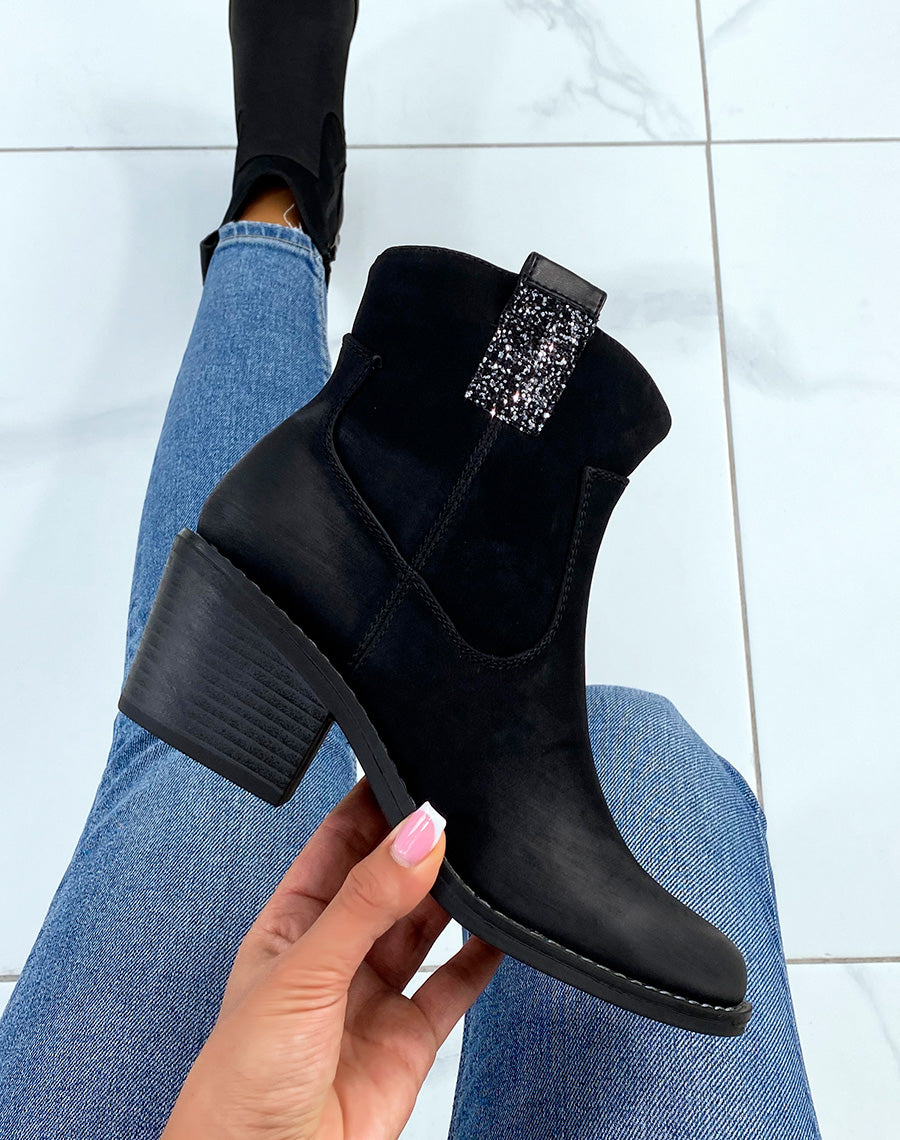 Santiags noires à talon et détail à paillettes