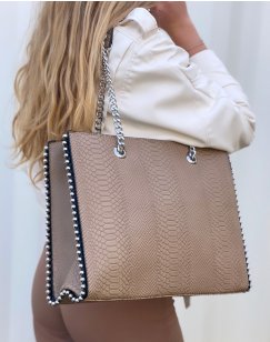 Large beige croc-effect handbag with silver detail