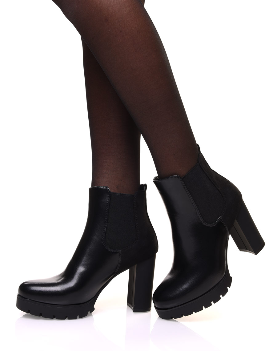 Chelsea boots noires bi matières à talons et plateforme crantée