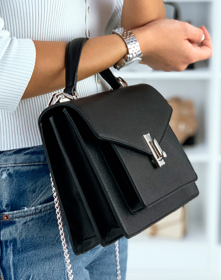 sac femme forme cartable avec anneau metallique noir sacs