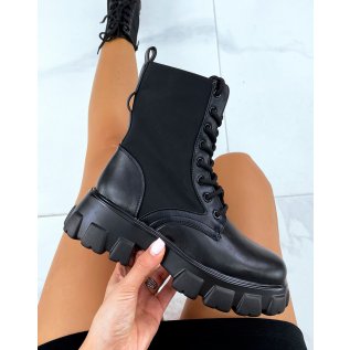 Black lace-up ankle boots in bi-material with pocket and notched soles